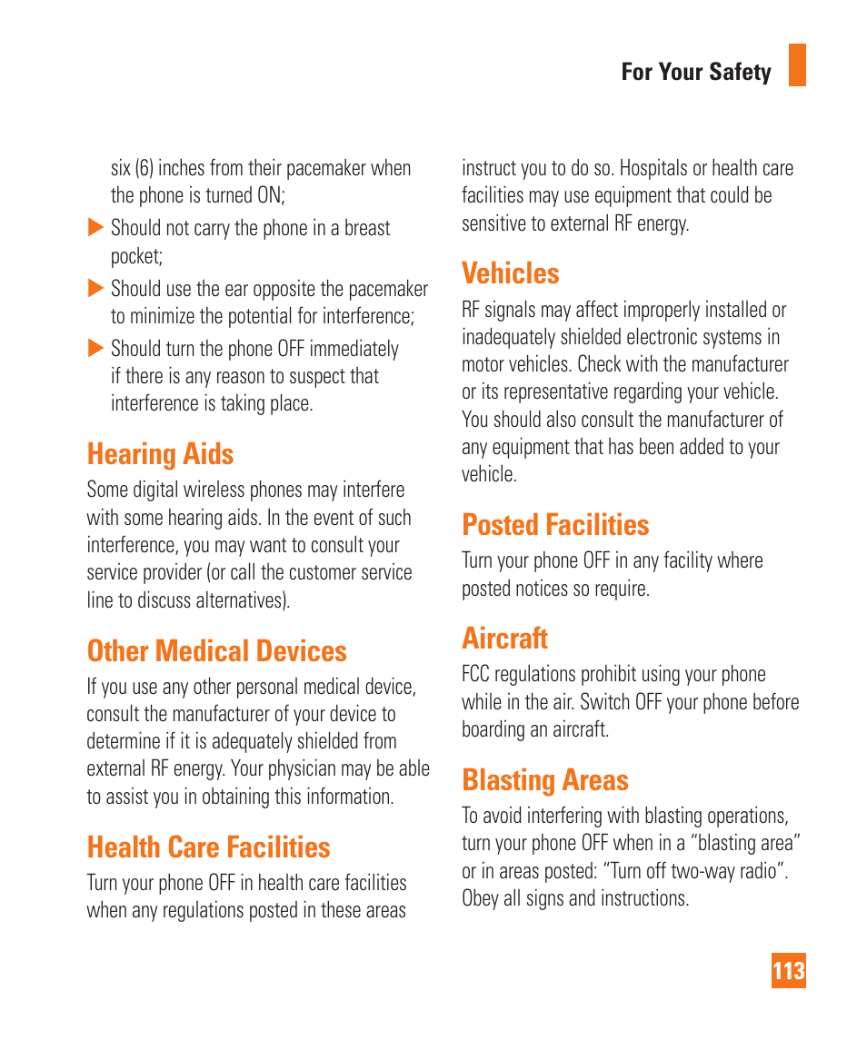 Hearing aids, Other medical devices, Health care facilities | Vehicles, Posted facilities, Aircraft, Blasting areas | LG LGD850 User Manual | Page 113 / 131