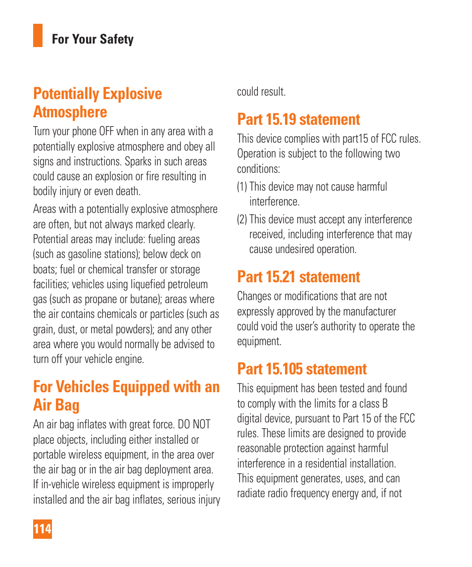 Potentially explosive atmosphere, For vehicles equipped with an air bag, Part 15.19 statement | Part 15.21 statement | LG LGD850 User Manual | Page 114 / 131