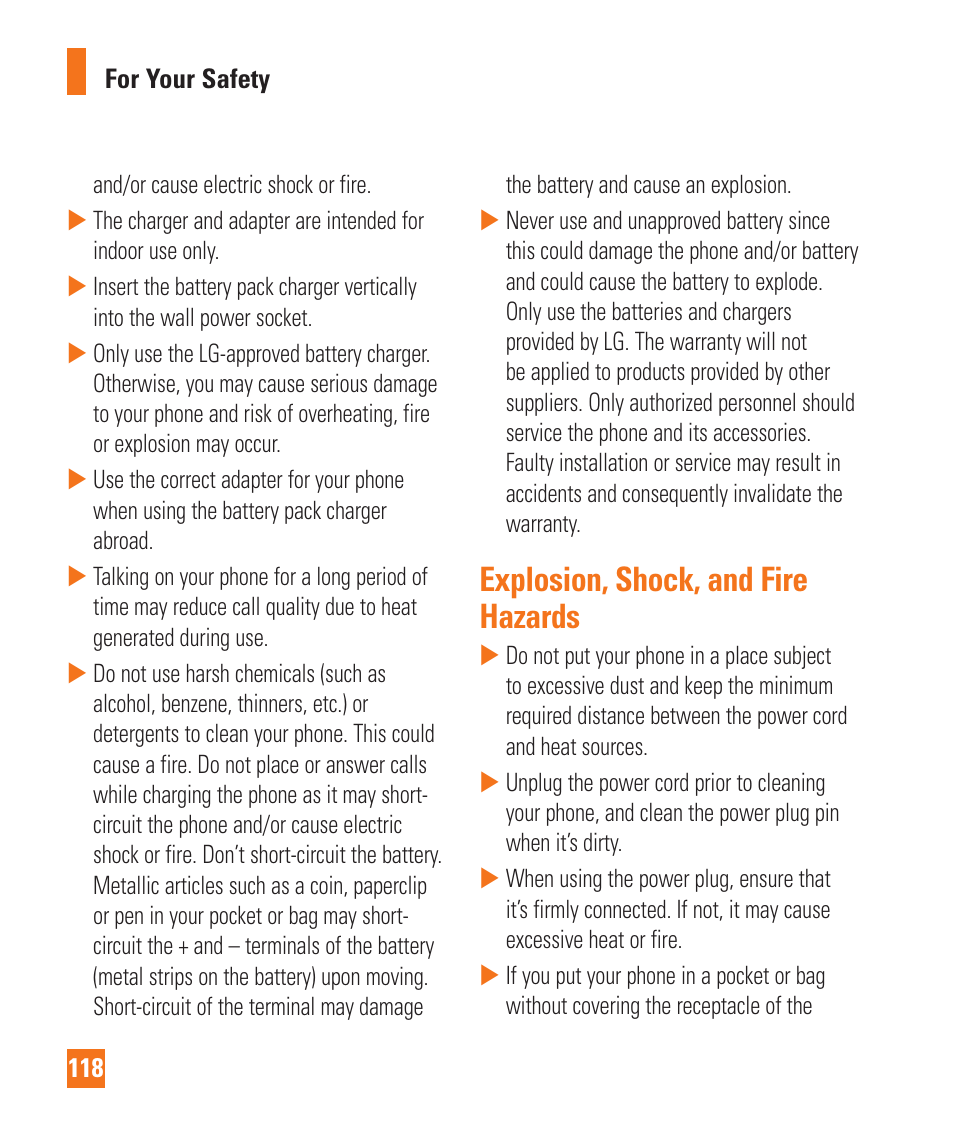 Explosion, shock, and fire hazards | LG LGD850 User Manual | Page 118 / 131