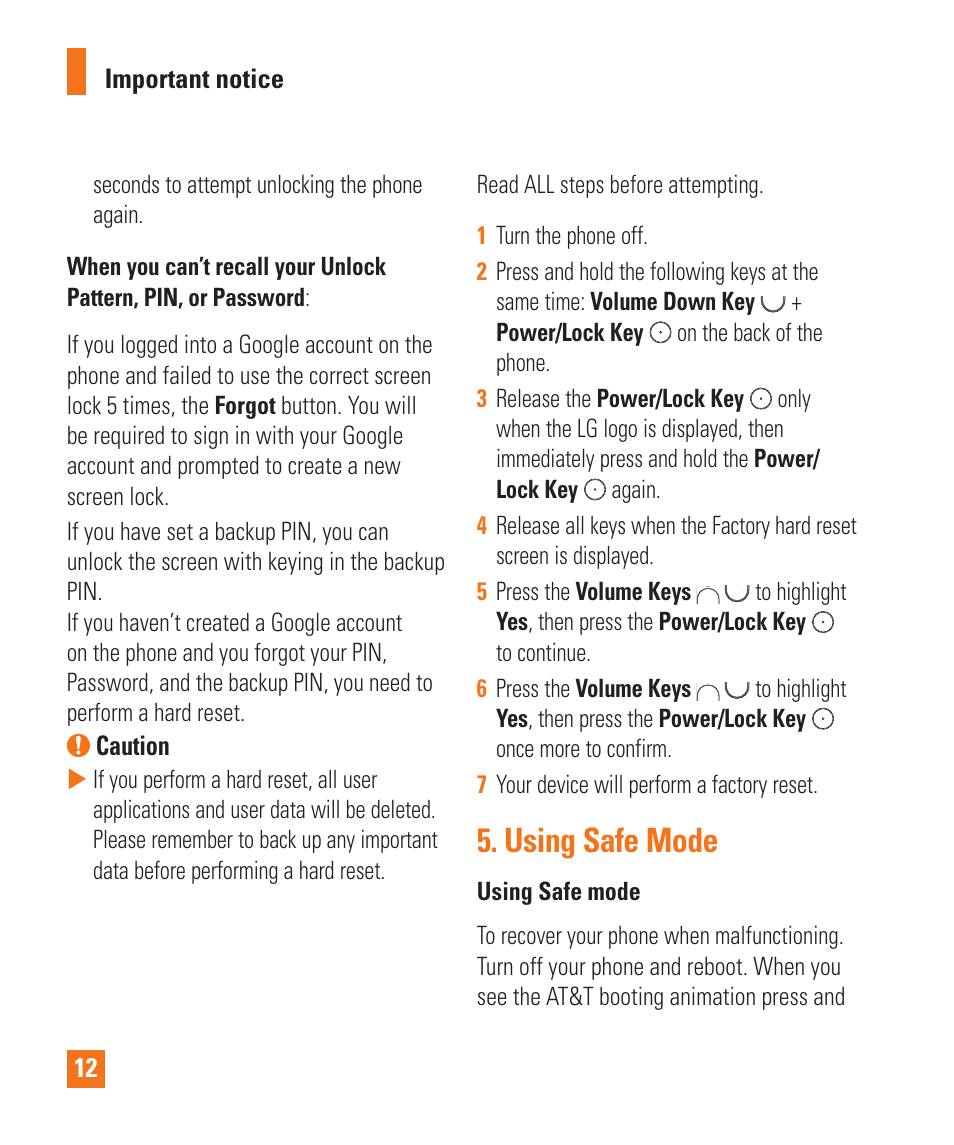 Using safe mode | LG LGD850 User Manual | Page 12 / 131