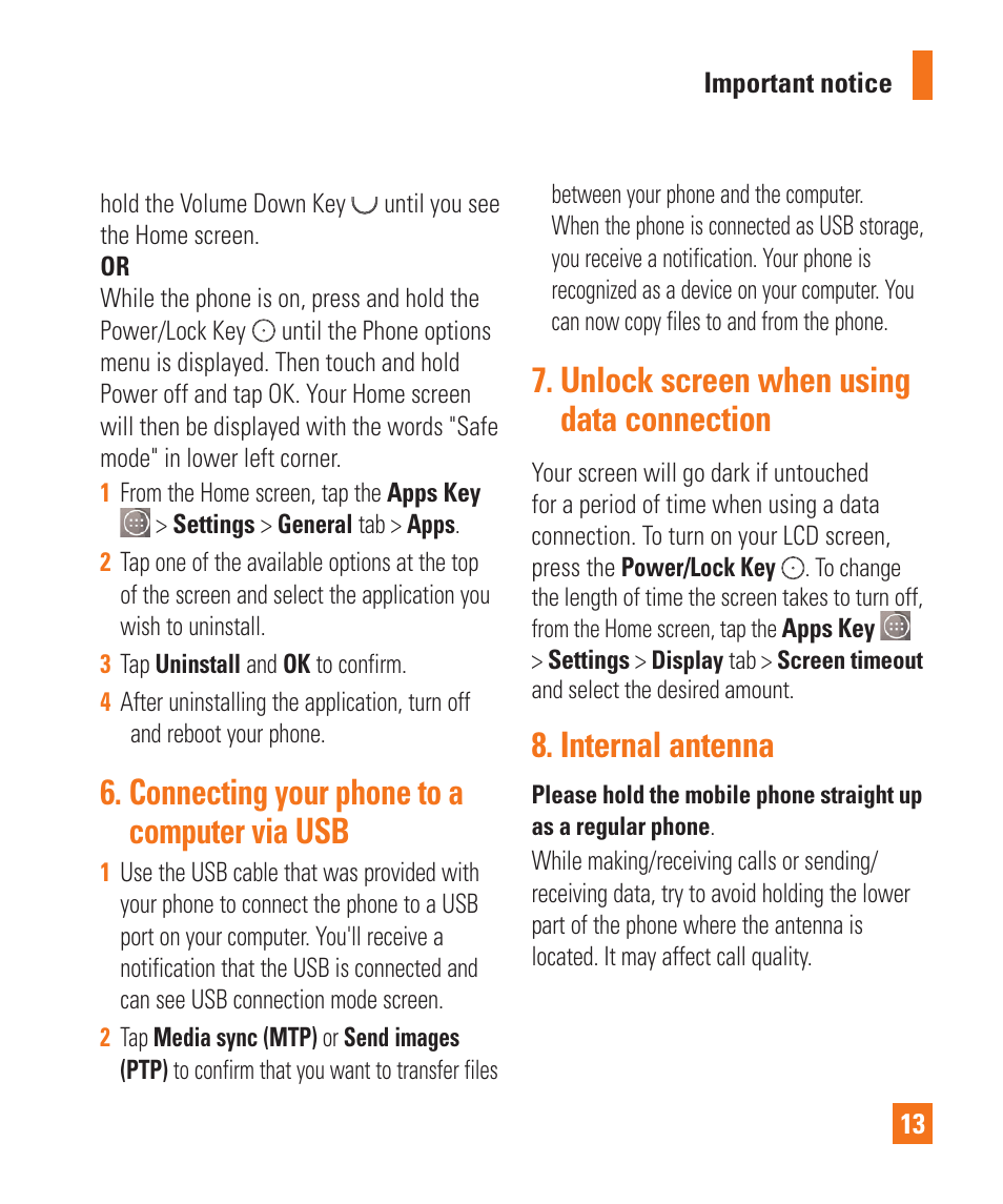 Connecting your phone to a computer via usb, Unlock screen when using data connection, Internal antenna | LG LGD850 User Manual | Page 13 / 131