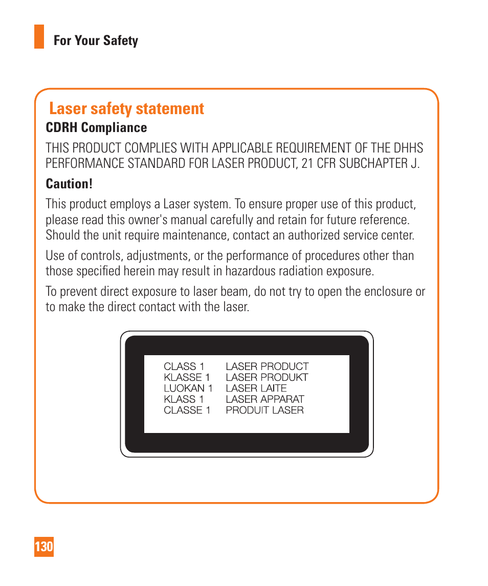 Laser safety statement | LG LGD850 User Manual | Page 130 / 131