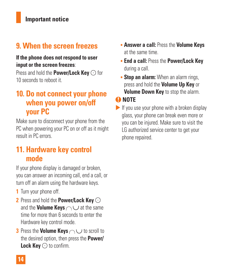 When the screen freezes, Hardware key control mode | LG LGD850 User Manual | Page 14 / 131