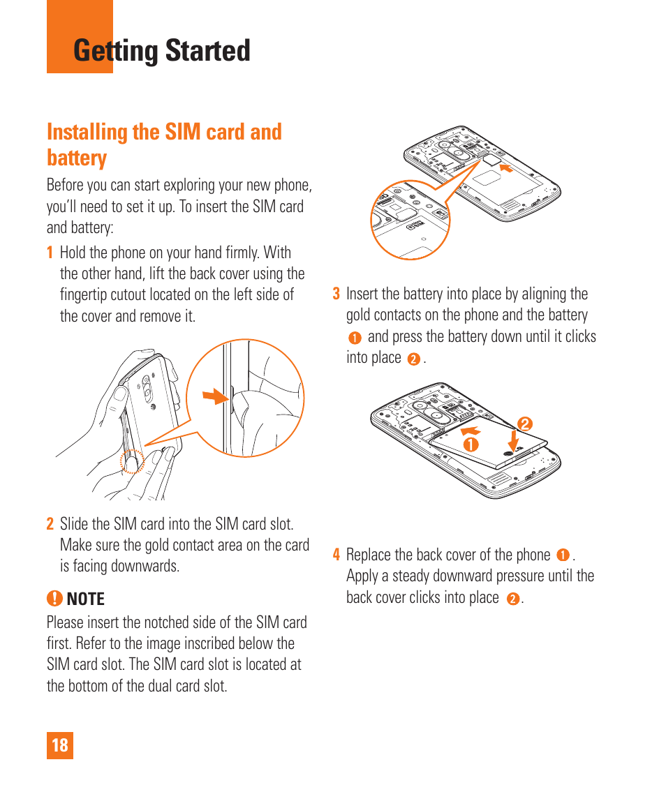 Getting started, Installing the sim card and battery | LG LGD850 User Manual | Page 18 / 131