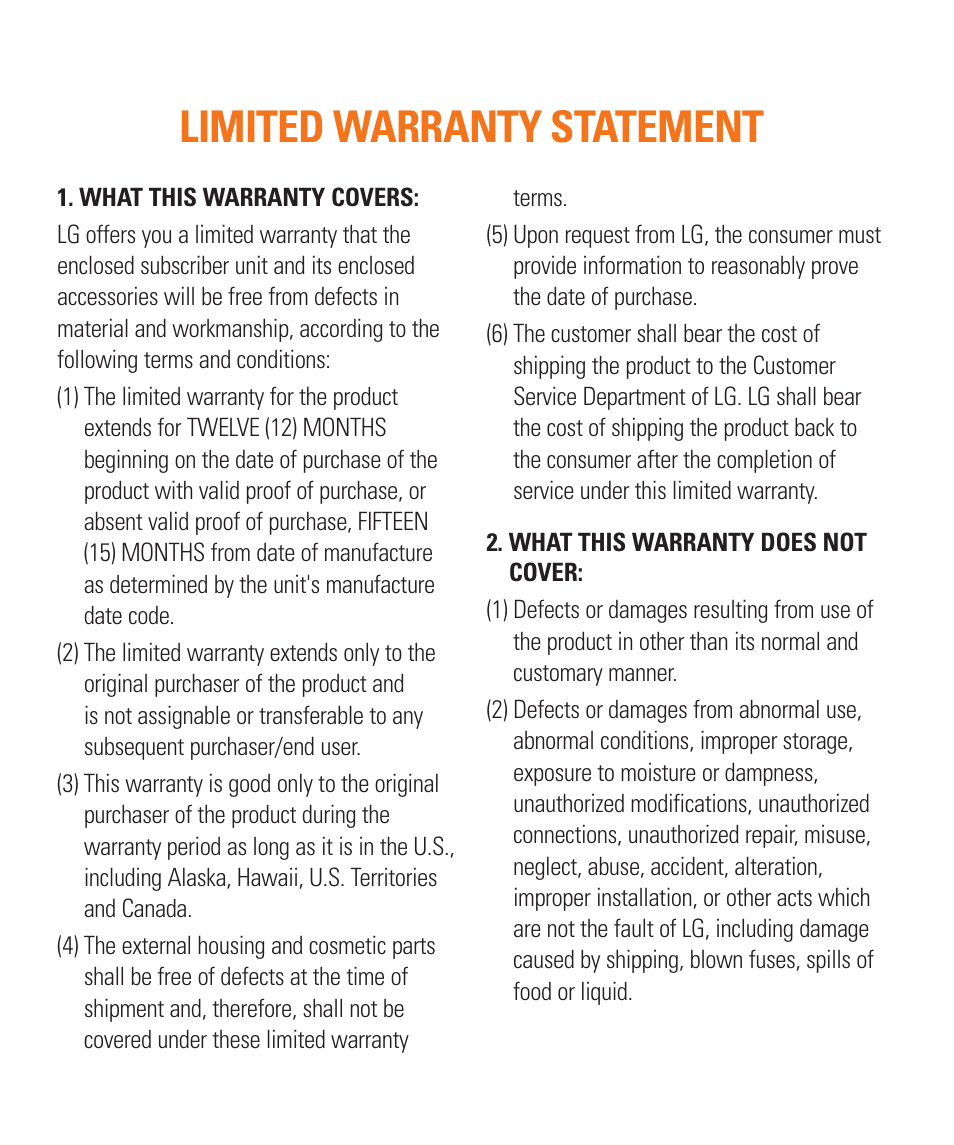 Limited warranty statement | LG LGD850 User Manual | Page 2 / 131