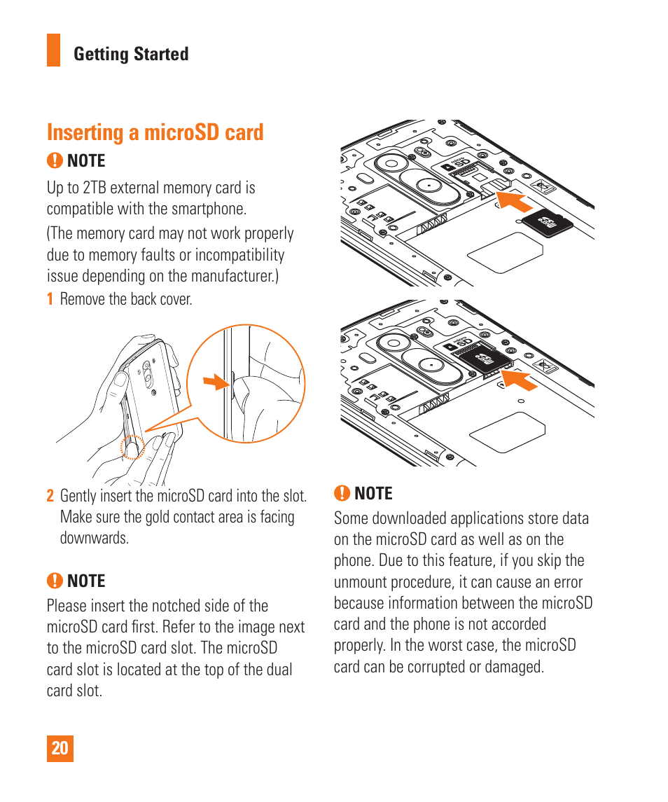 Inserting a microsd card | LG LGD850 User Manual | Page 20 / 131