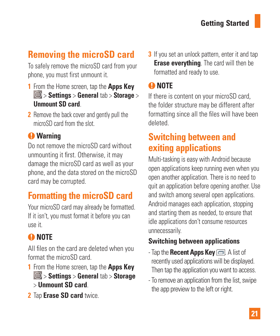 Removing the microsd card, Formatting the microsd card, Switching between and exiting applications | LG LGD850 User Manual | Page 21 / 131
