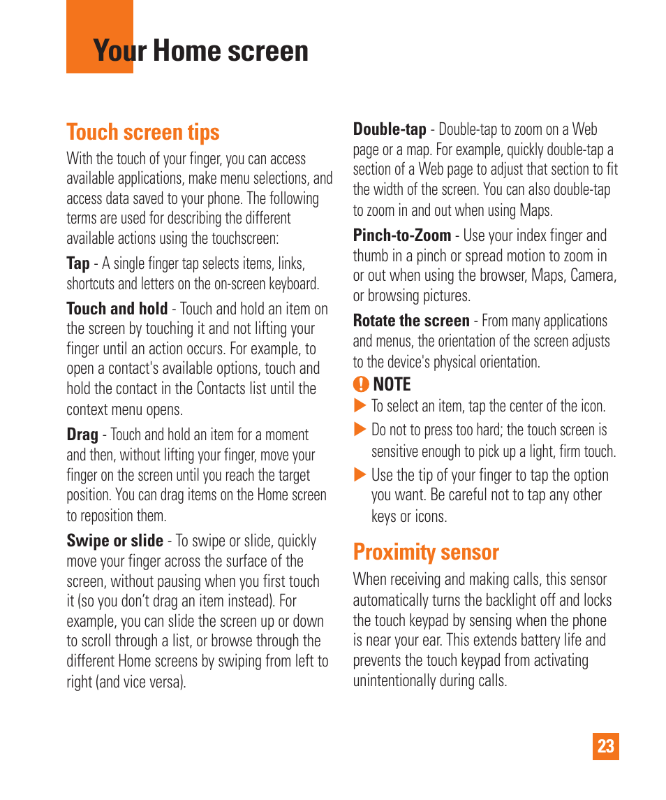 Your home screen, Touch screen tips, Proximity sensor | LG LGD850 User Manual | Page 23 / 131
