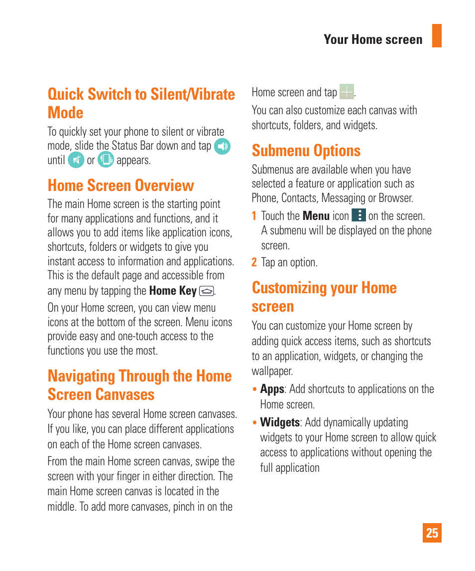 Quick switch to silent/vibrate mode, Home screen overview, Navigating through the home screen canvases | Submenu options, Customizing your home screen | LG LGD850 User Manual | Page 25 / 131
