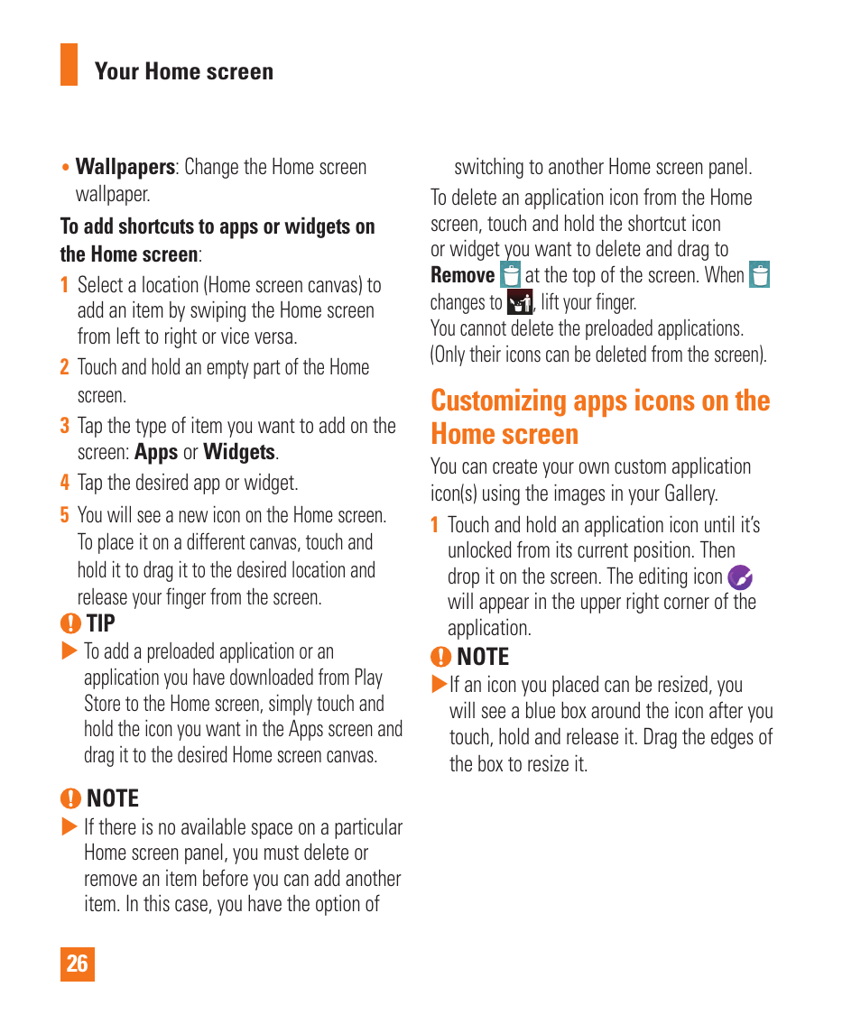 Customizing apps icons on the home screen | LG LGD850 User Manual | Page 26 / 131