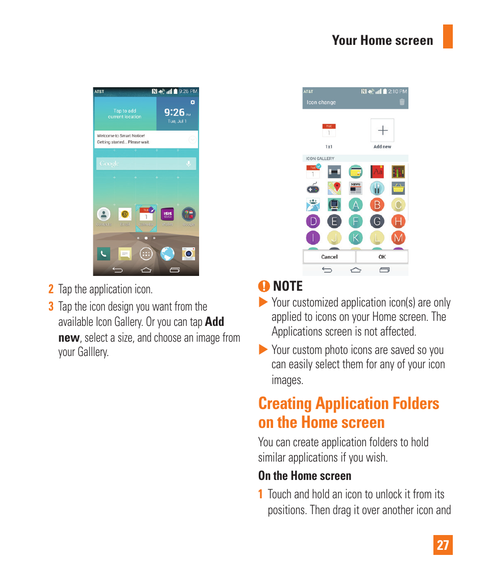 Creating application folders on the home screen | LG LGD850 User Manual | Page 27 / 131