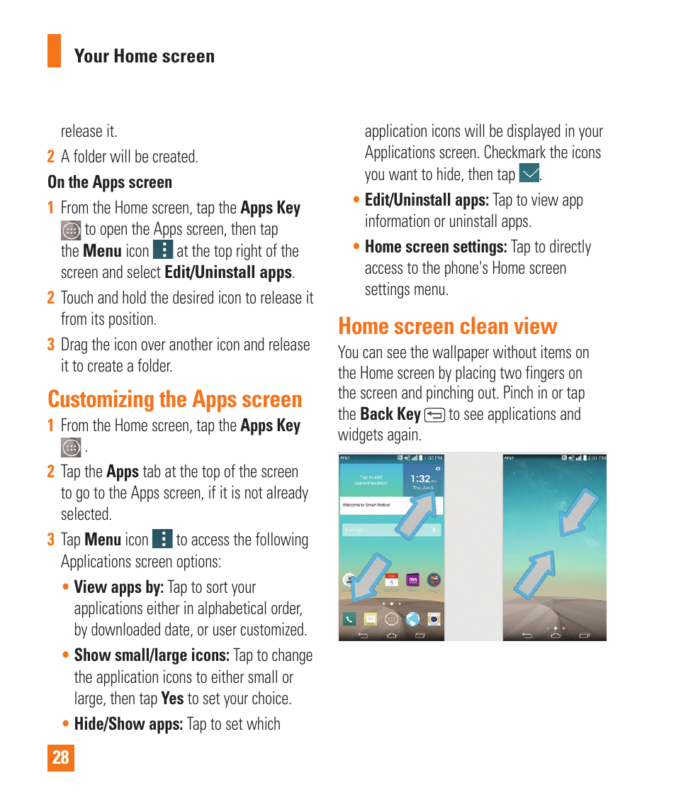 Customizing the apps screen, Home screen clean view, Customizing the apps screen home screen clean view | LG LGD850 User Manual | Page 28 / 131