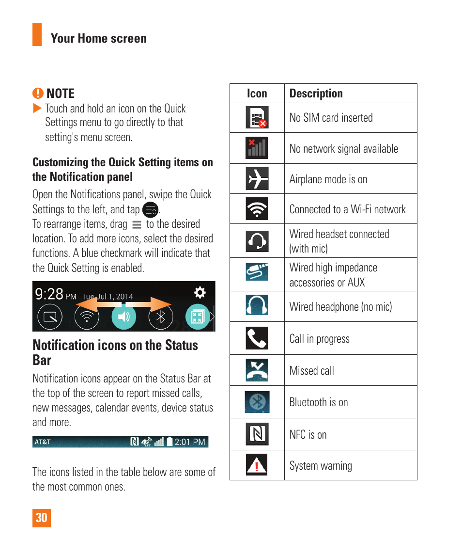 Notification icons on the status bar | LG LGD850 User Manual | Page 30 / 131