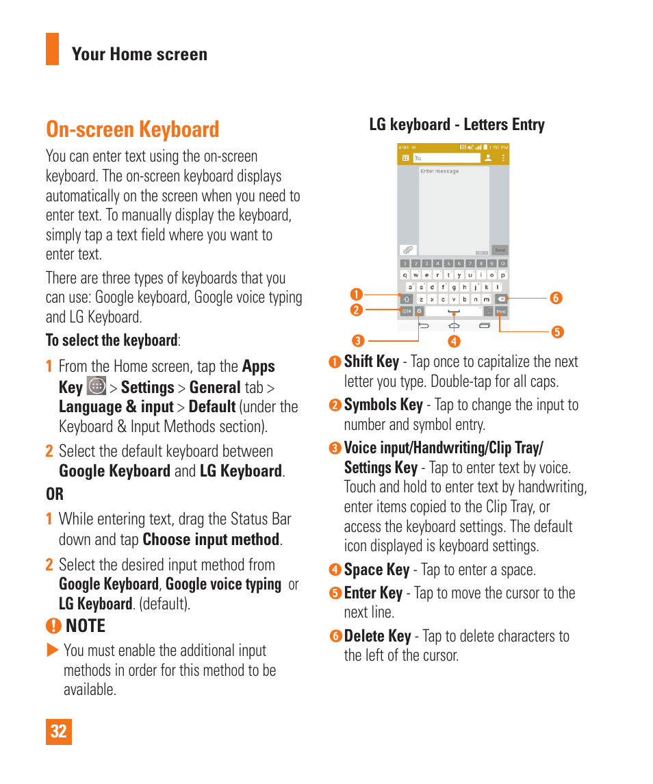 On-screen keyboard | LG LGD850 User Manual | Page 32 / 131