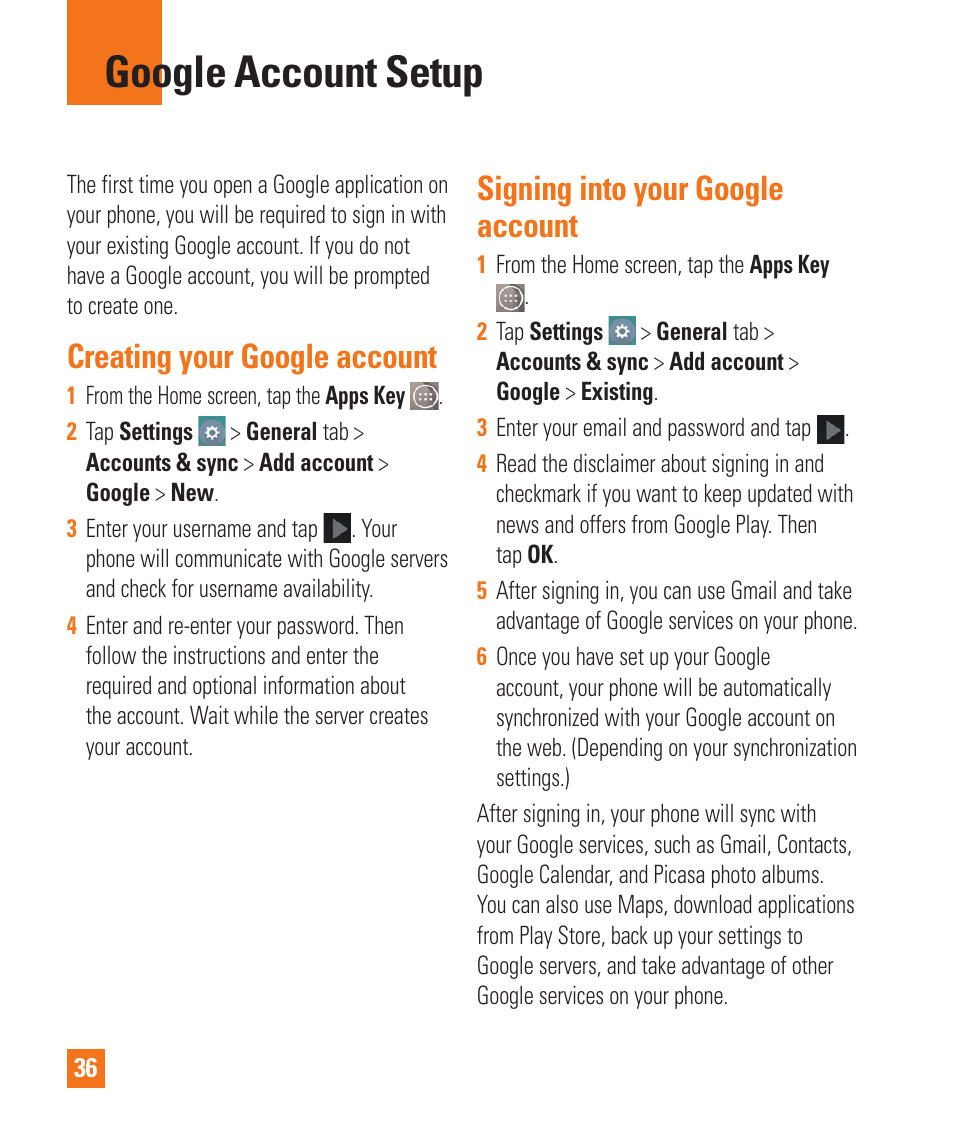 Google account setup, Creating your google account, Signing into your google account | LG LGD850 User Manual | Page 36 / 131