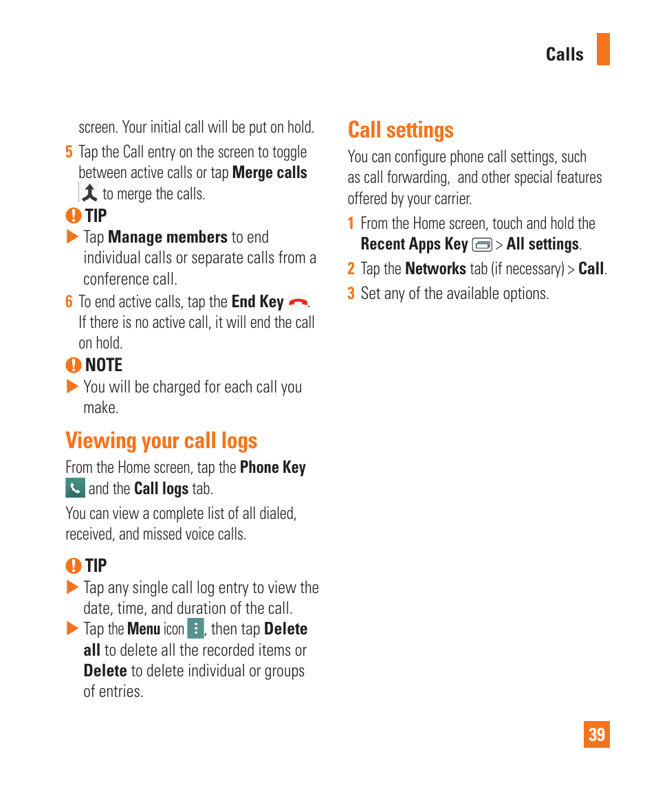 Viewing your call logs, Call settings, Viewing your call logs call settings | LG LGD850 User Manual | Page 39 / 131