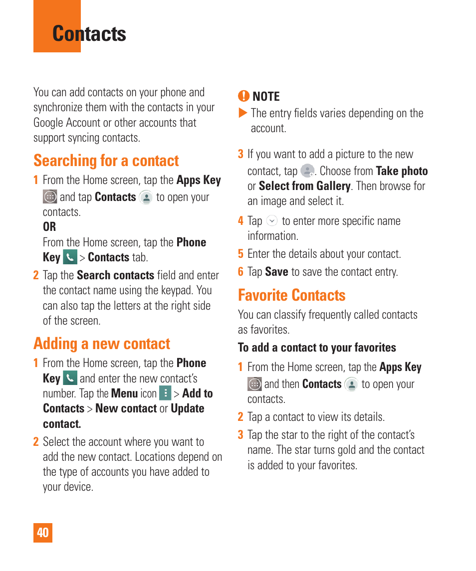 Contacts, Searching for a contact, Adding a new contact | Favorite contacts | LG LGD850 User Manual | Page 40 / 131