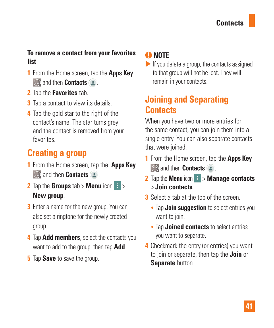 Creating a group, Joining and separating contacts | LG LGD850 User Manual | Page 41 / 131