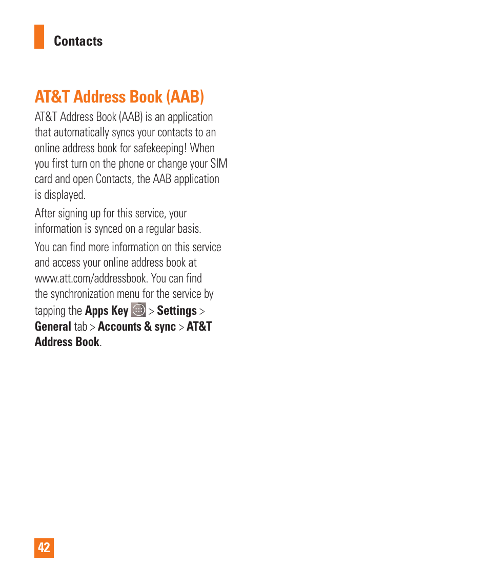 At&t address book (aab) | LG LGD850 User Manual | Page 42 / 131