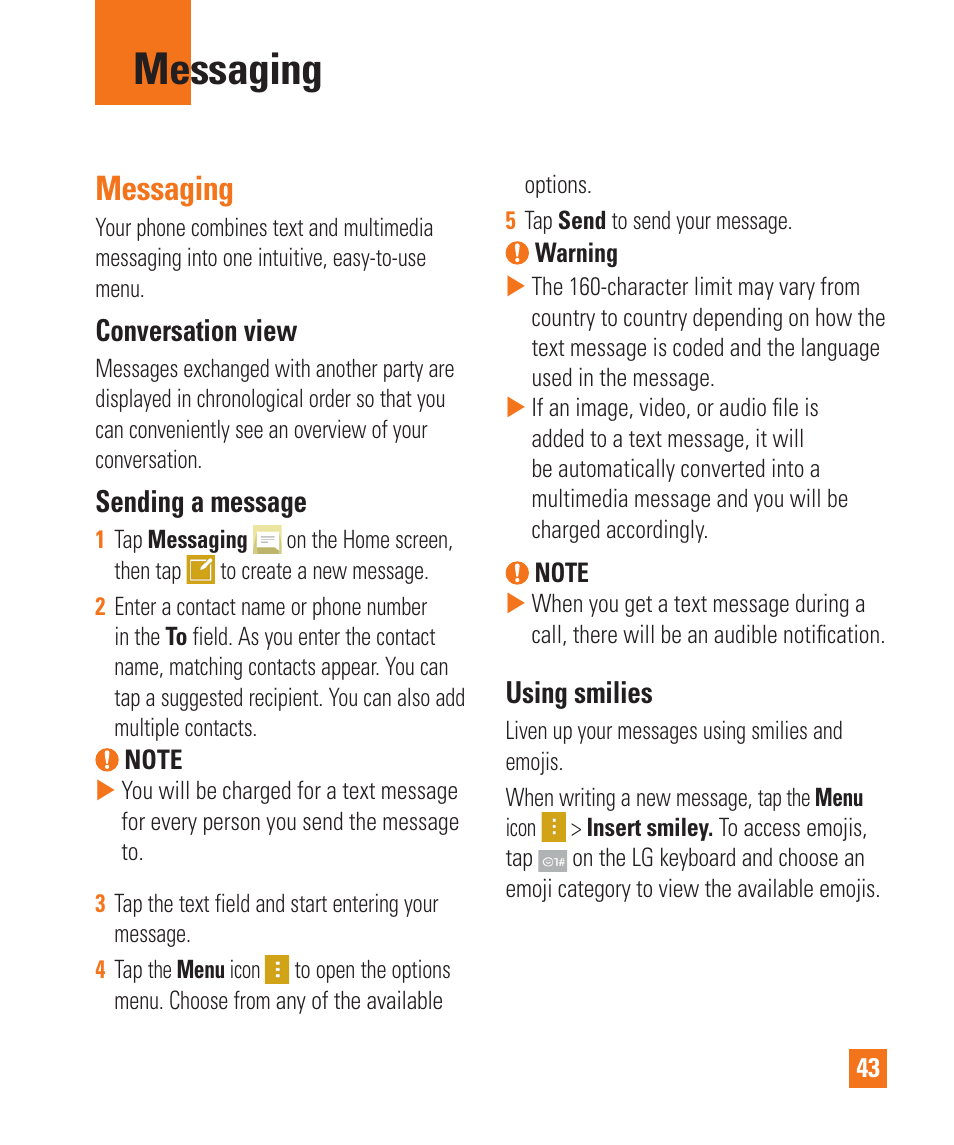 Messaging, Messaging messaging, Conversation view | Sending a message, Using smilies | LG LGD850 User Manual | Page 43 / 131