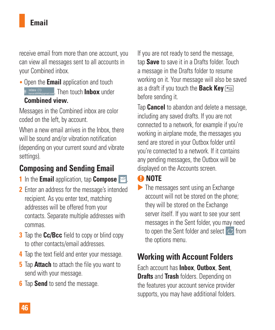 Composing and sending email, Working with account folders | LG LGD850 User Manual | Page 46 / 131