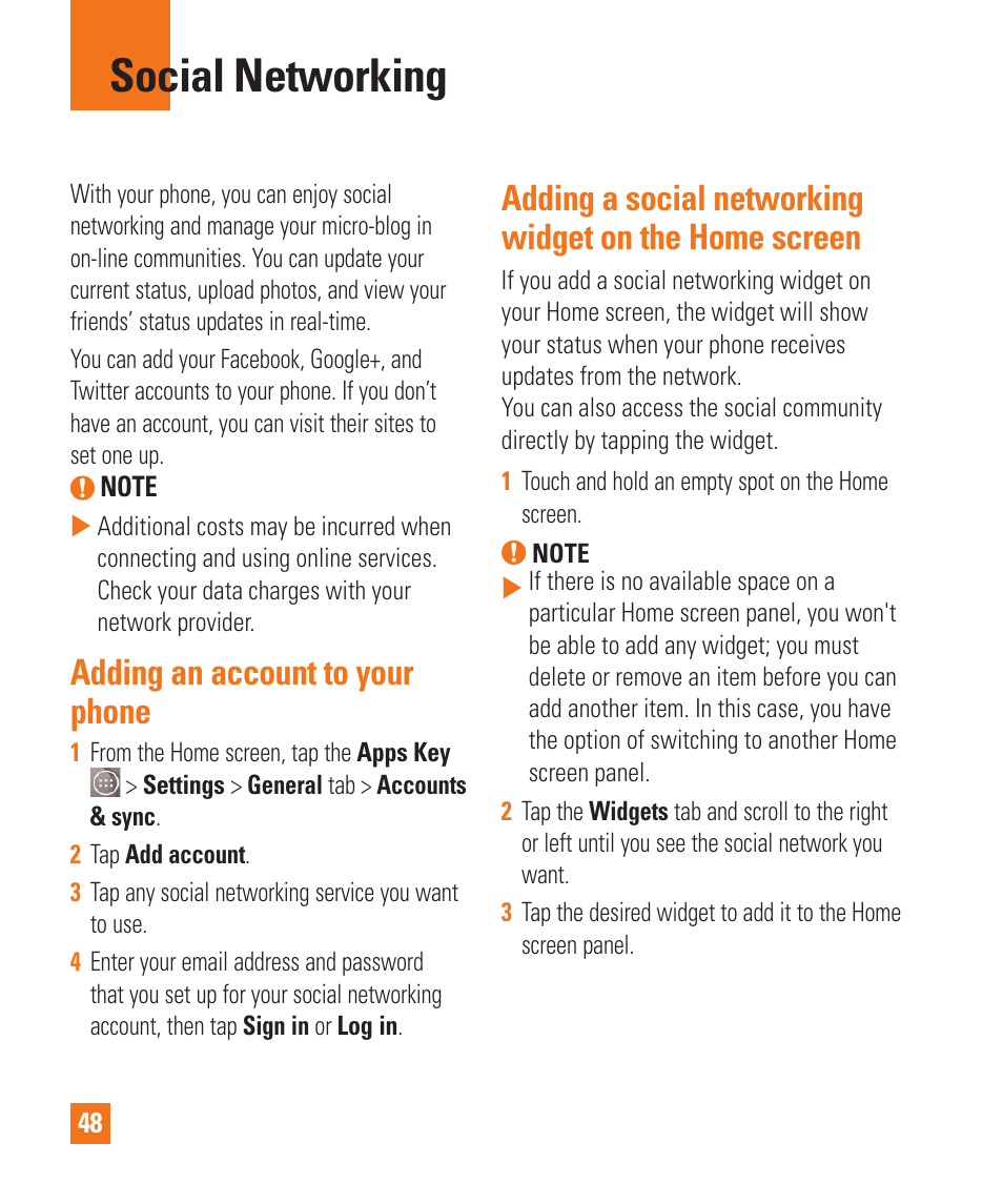 Social networking, Adding an account to your phone | LG LGD850 User Manual | Page 48 / 131