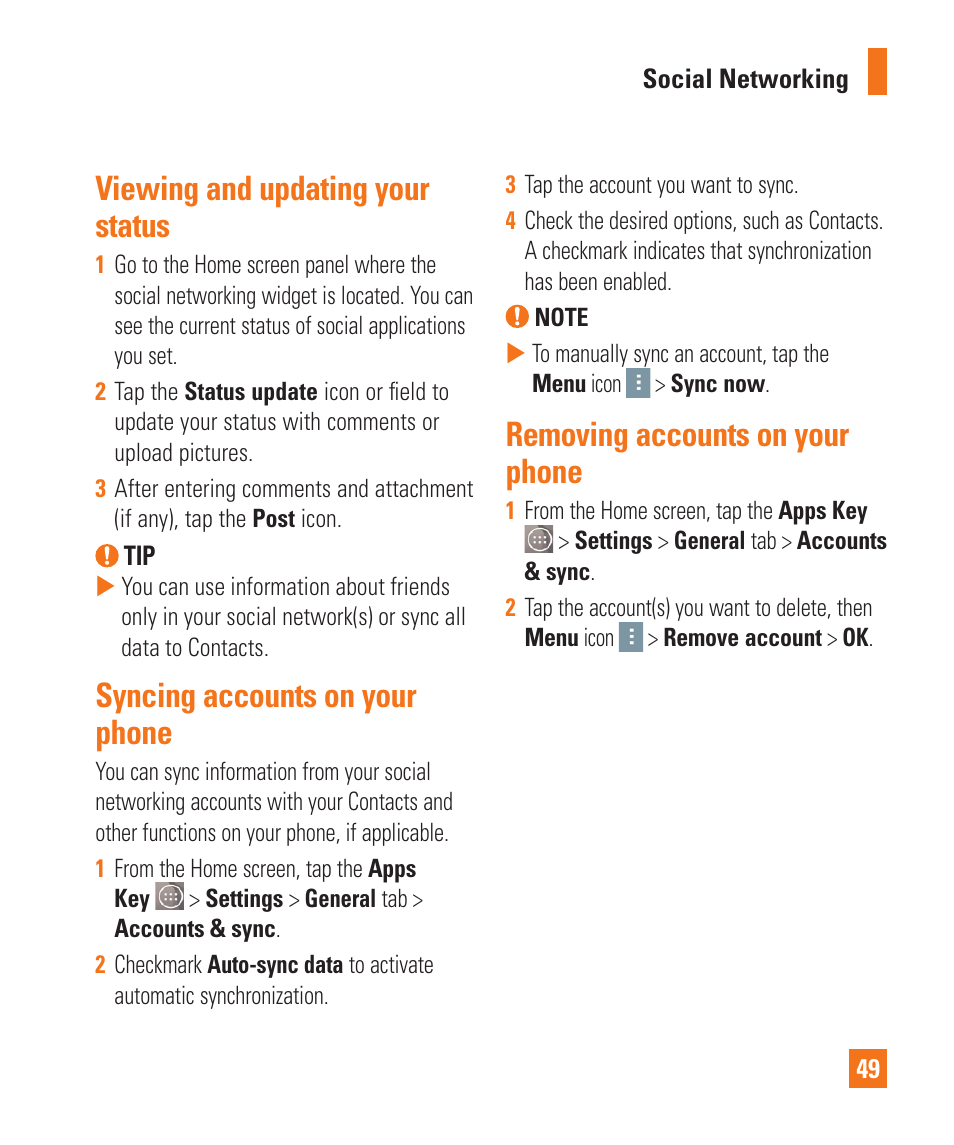 Viewing and updating your status, Syncing accounts on your phone, Removing accounts on your phone | LG LGD850 User Manual | Page 49 / 131