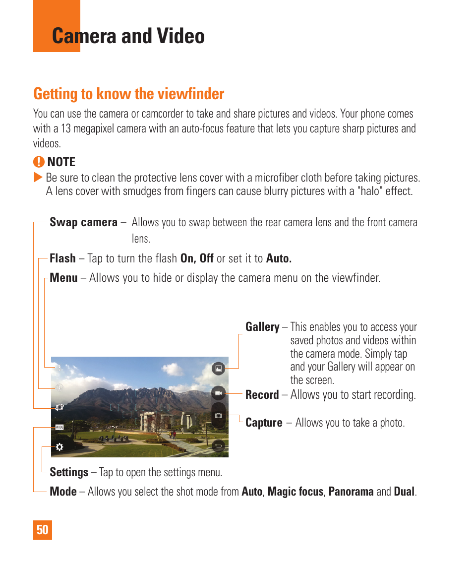 Camera and video, Camera and video getting to know the viewfi nder, Getting to know the viewfinder | LG LGD850 User Manual | Page 50 / 131