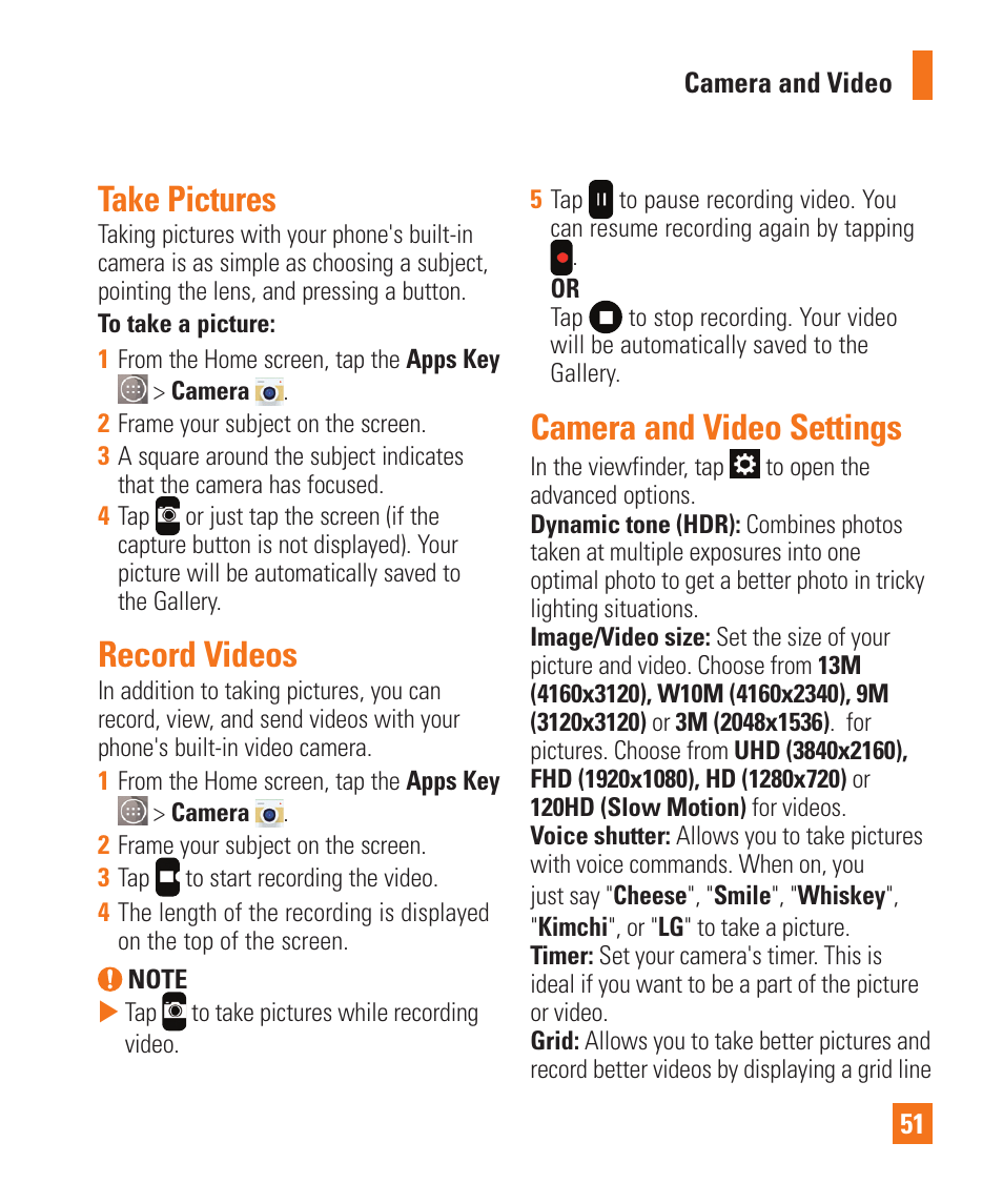 Take pictures, Record videos, Camera and video settings | LG LGD850 User Manual | Page 51 / 131