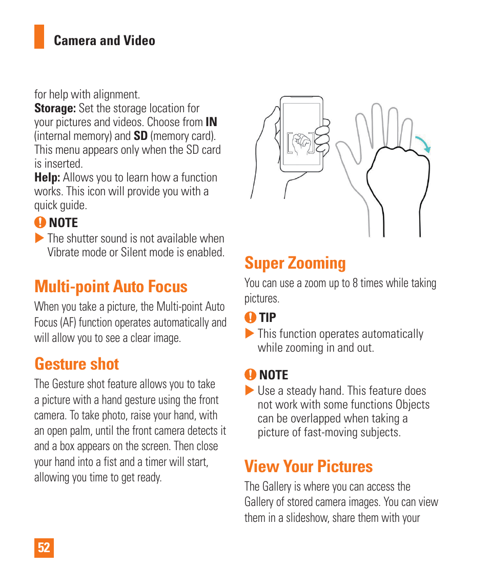 Multi-point auto focus, Gesture shot, Super zooming | View your pictures | LG LGD850 User Manual | Page 52 / 131