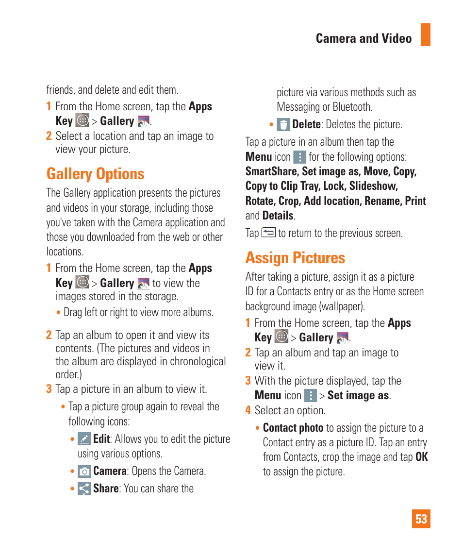 Gallery options, Assign pictures, Gallery options assign pictures | LG LGD850 User Manual | Page 53 / 131