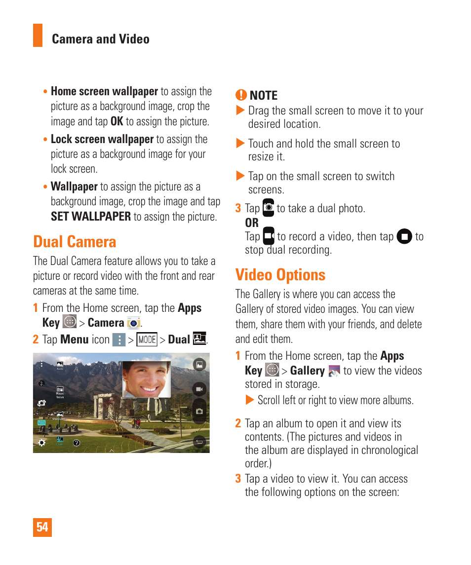 Dual camera, Video options, Dual camera video options | LG LGD850 User Manual | Page 54 / 131