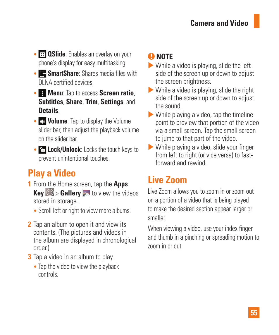 Play a video, Live zoom, Play a video live zoom | LG LGD850 User Manual | Page 55 / 131