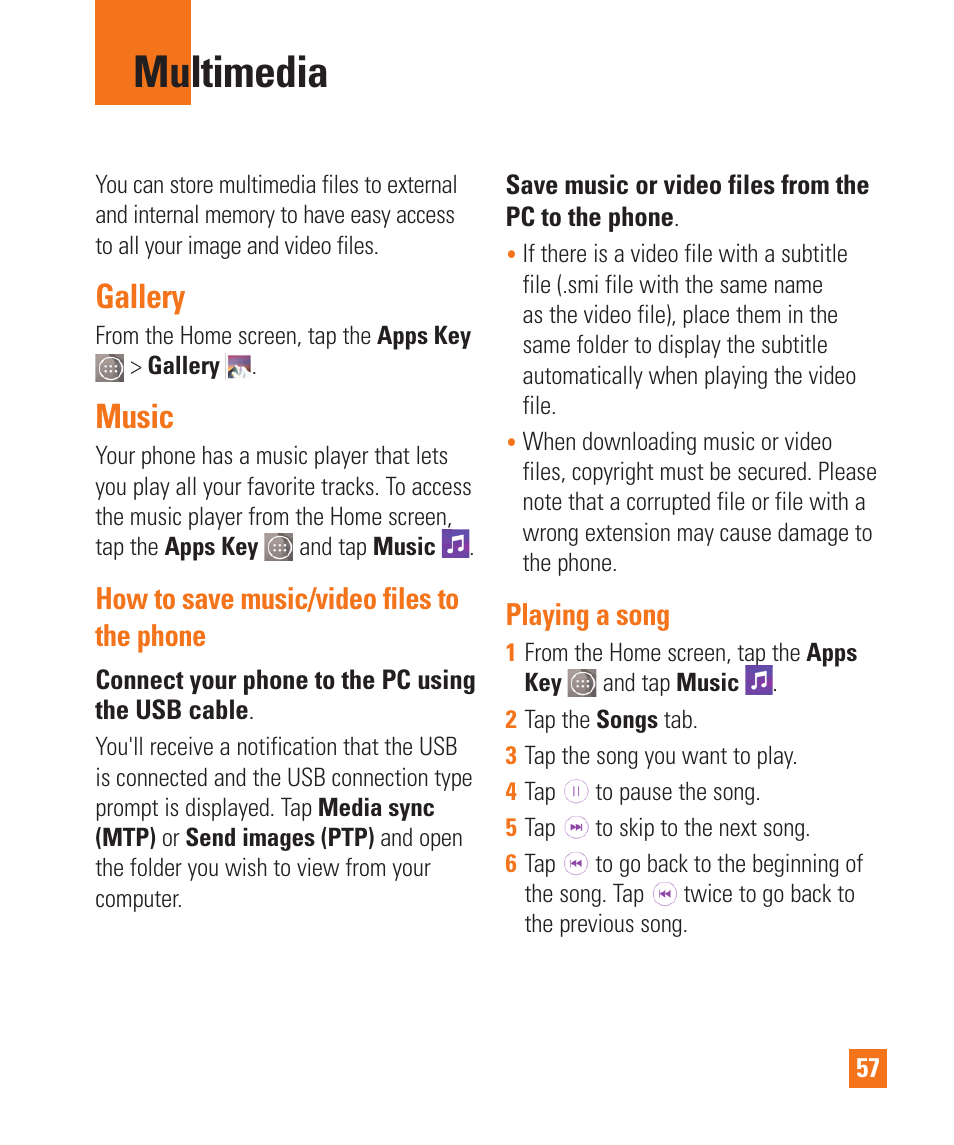 Multimedia, Gallery, Music | How to save music/video files to the phone, Playing a song | LG LGD850 User Manual | Page 57 / 131