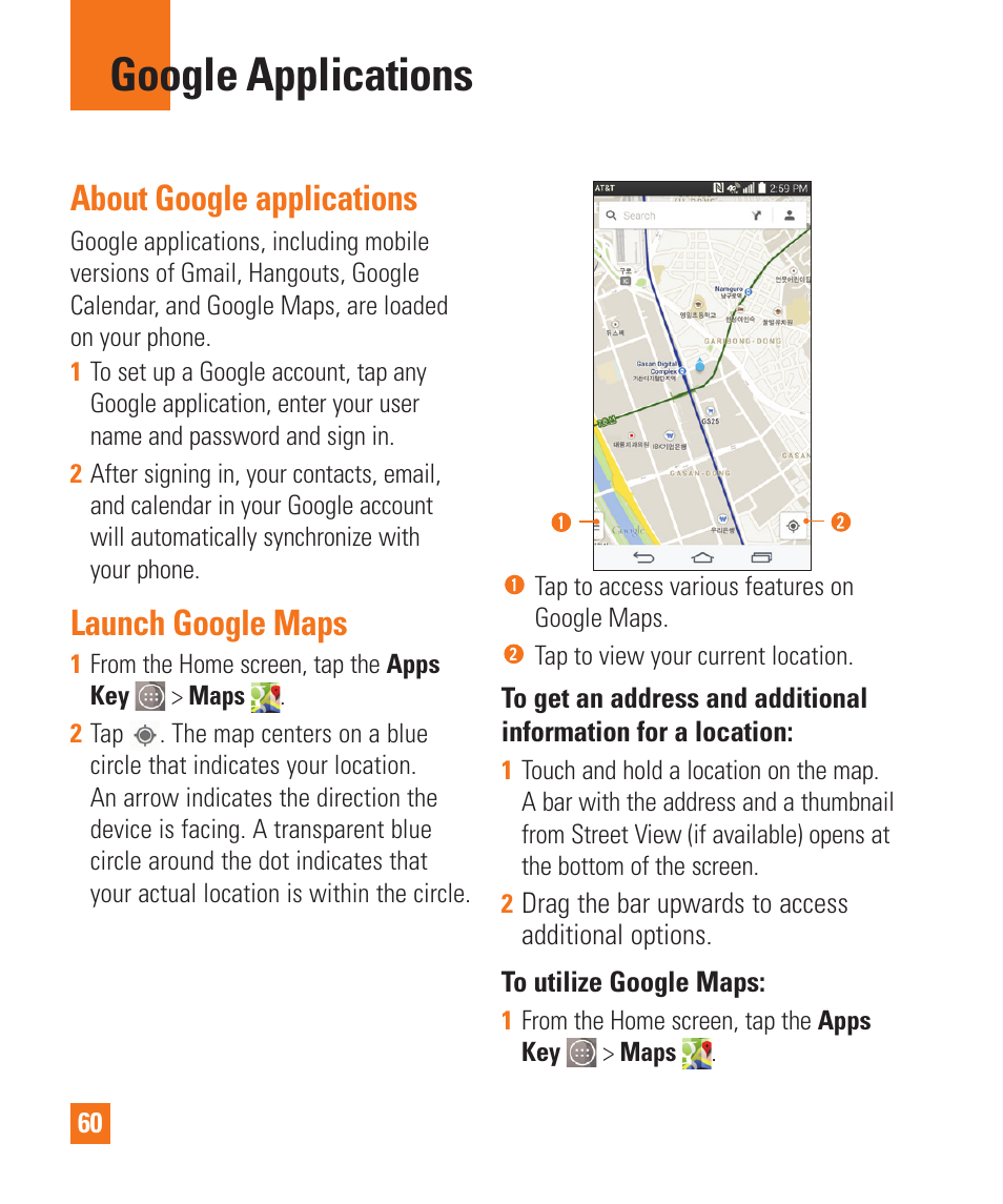 Google applications, About google applications, Launch google maps | LG LGD850 User Manual | Page 60 / 131
