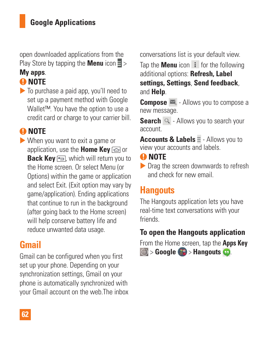 Gmail, Hangouts, Gmail hangouts | LG LGD850 User Manual | Page 62 / 131