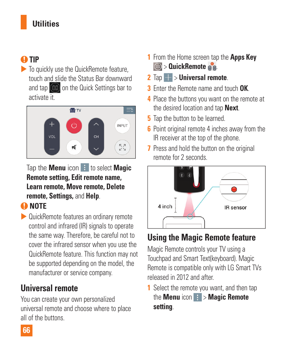 Universal remote, Using the magic remote feature | LG LGD850 User Manual | Page 66 / 131