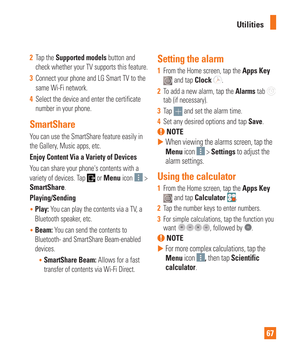 Smartshare, Setting the alarm, Using the calculator | Smartshare setting the alarm using the calculator | LG LGD850 User Manual | Page 67 / 131