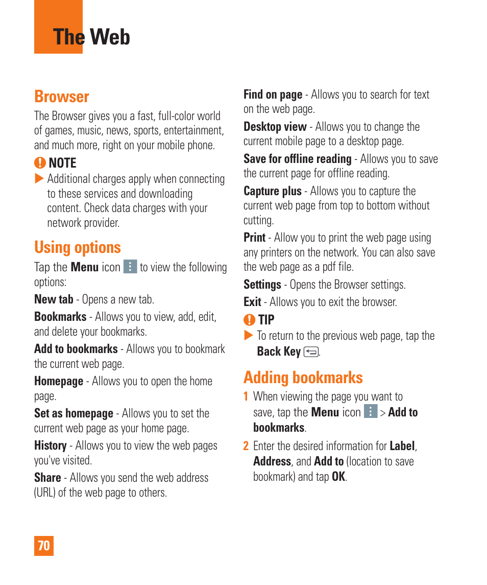 The web, The web browser using options adding bookmarks, Browser | Using options, Adding bookmarks | LG LGD850 User Manual | Page 70 / 131