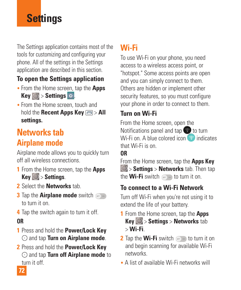 Settings, Settings networks tab airplane mode wi-fi, Networks tab | Airplane mode, Wi-fi | LG LGD850 User Manual | Page 72 / 131