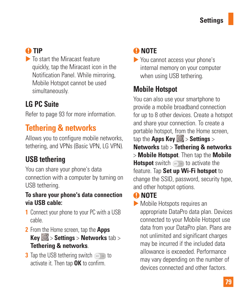 Tethering & networks, Lg pc suite, Usb tethering | Mobile hotspot | LG LGD850 User Manual | Page 79 / 131