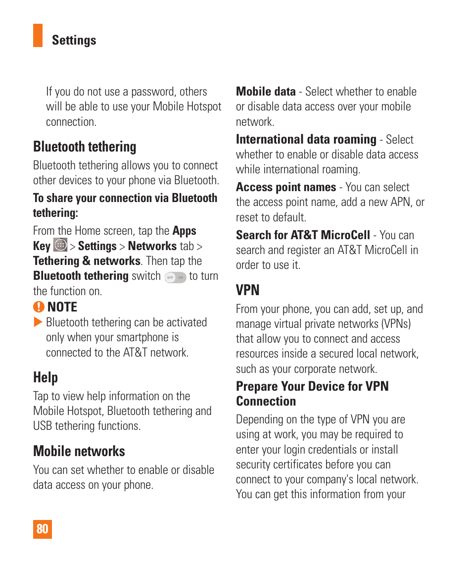 Bluetooth tethering, Help, Mobile networks | LG LGD850 User Manual | Page 80 / 131