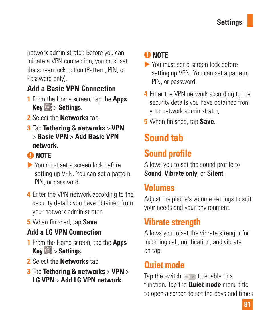 Sound tab, Sound profile, Volumes | Vibrate strength, Quiet mode | LG LGD850 User Manual | Page 81 / 131