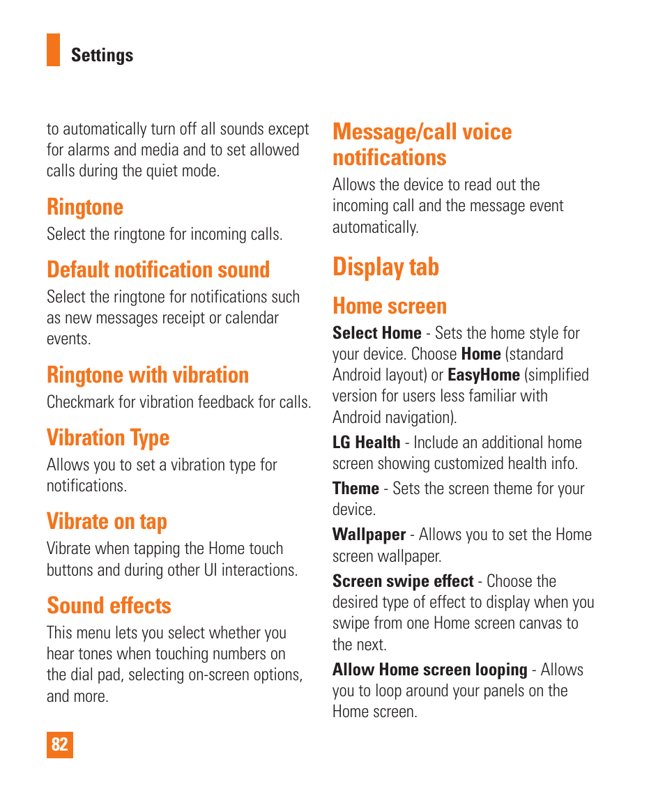 Ringtone, Default notification sound, Ringtone with vibration | Vibration type, Vibrate on tap, Sound effects, Message/call voice notifications, Display tab, Home screen | LG LGD850 User Manual | Page 82 / 131