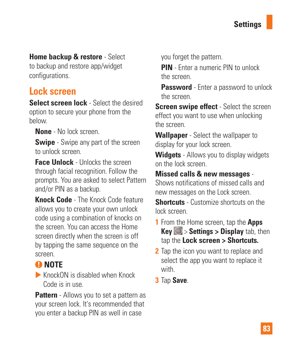 Lock screen | LG LGD850 User Manual | Page 83 / 131