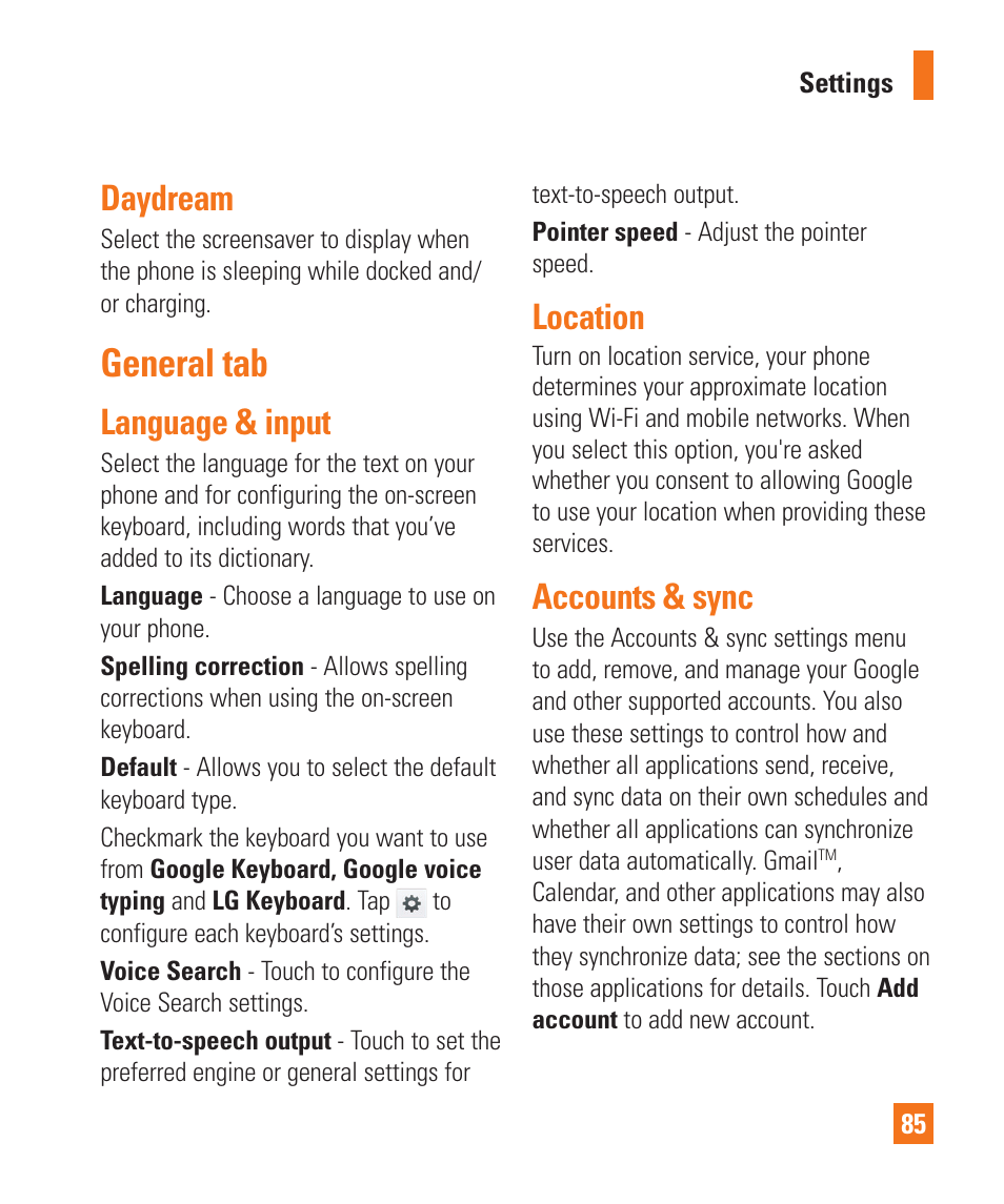 Daydream, General tab, Language & input | Location, Accounts & sync | LG LGD850 User Manual | Page 85 / 131