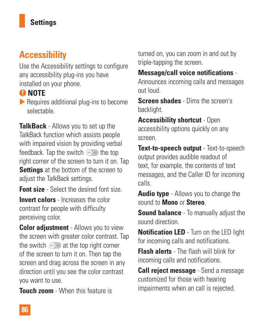 Accessibility | LG LGD850 User Manual | Page 86 / 131
