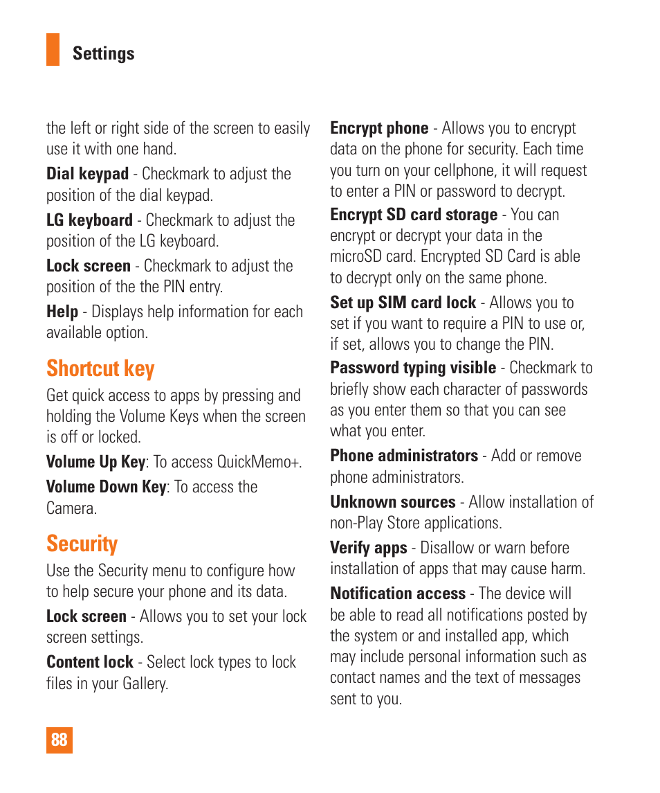 Shortcut key, Security | LG LGD850 User Manual | Page 88 / 131