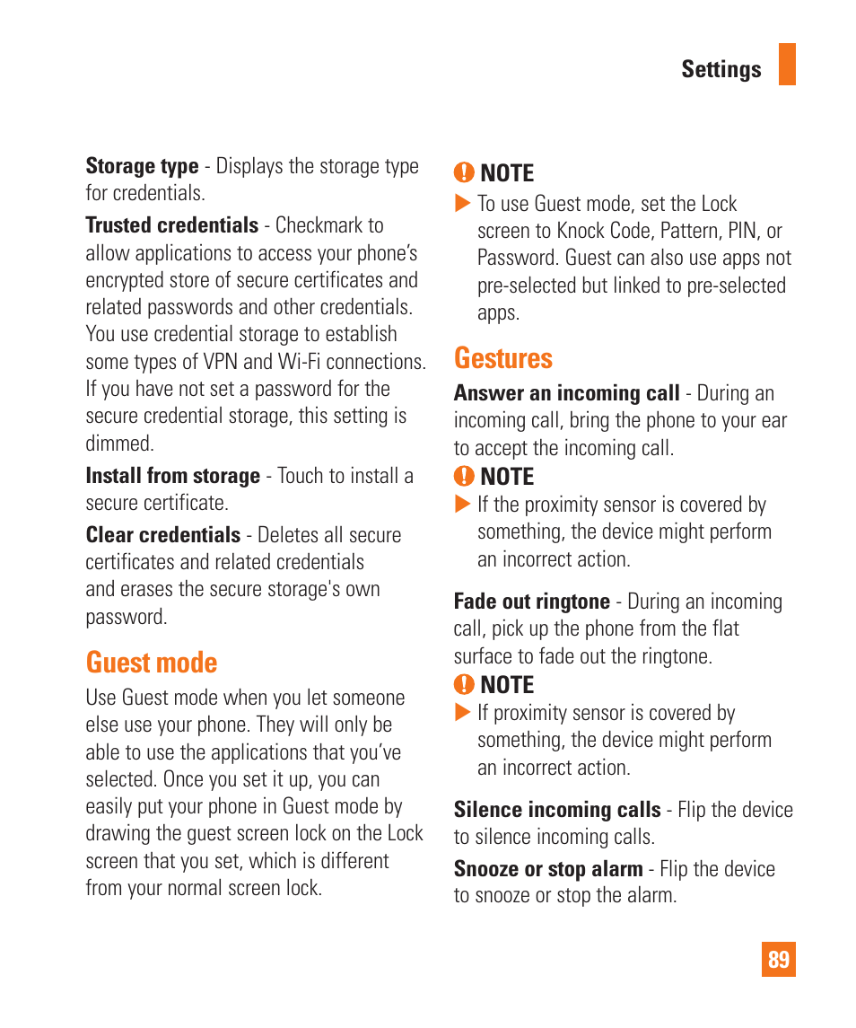 Guest mode, Gestures, Guest mode gestures | LG LGD850 User Manual | Page 89 / 131