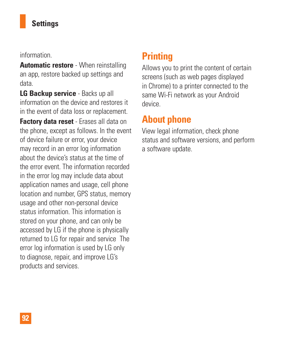 Printing, About phone, Printing about phone | LG LGD850 User Manual | Page 92 / 131